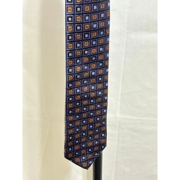 Robert Talbots Navy Blue Orange Geometric Square Pattern Silk Mens Tie